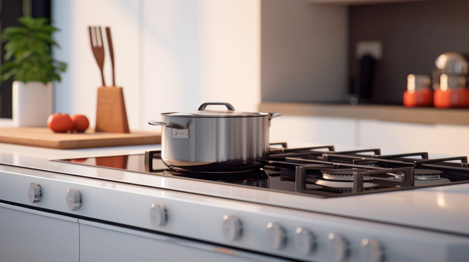 Cozinha moderna com superfícies brancas e um fogão chique