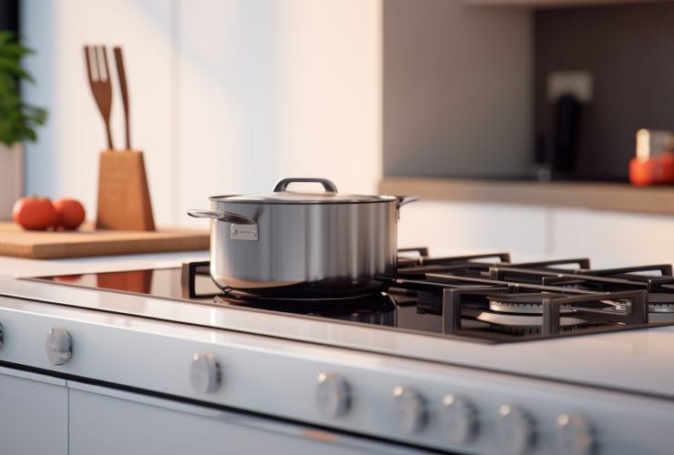 Cozinha moderna com superfícies brancas e um fogão chique